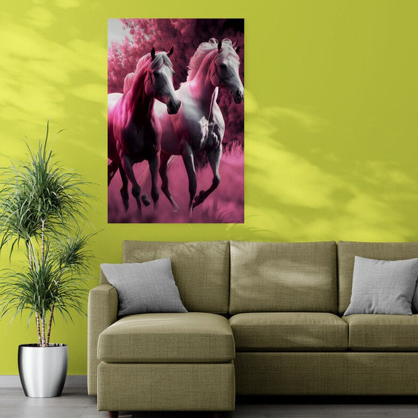 Tablou pe sticla fluorescent - Horses in pink forest