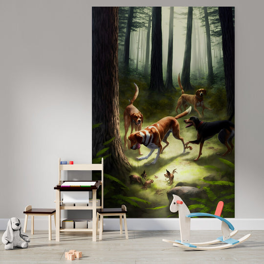 Tapet textil pentru camera copilului "Dogs in the forest" -  1,5 X 2,2 m