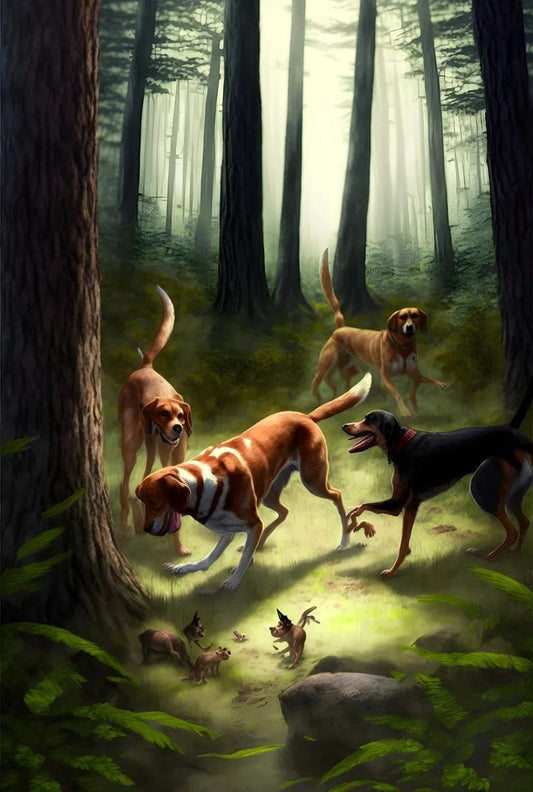 Tapet textil pentru camera copilului "Dogs playing in the woods" -  1,5 X 2,2 m
