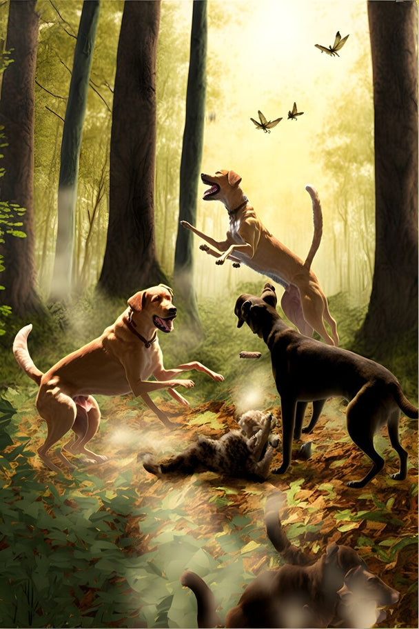 Tablou canvas - Dogs playing in the woods