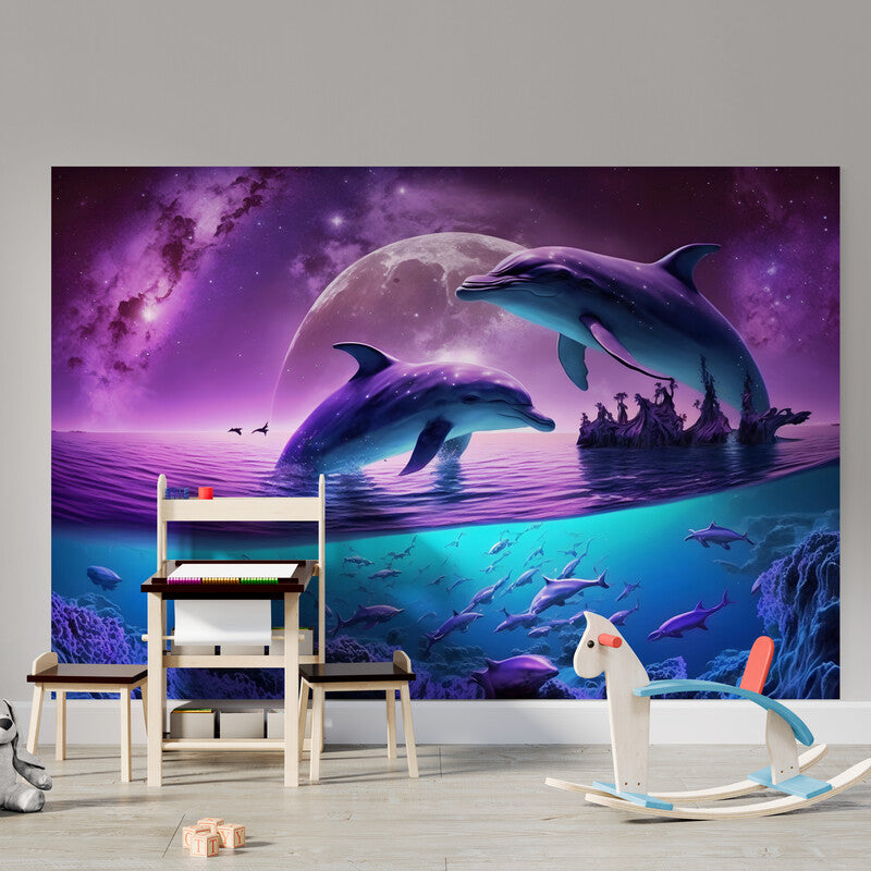 Tapet textil pentru camera copilului "Dolphins in the night" -  1,5 X 2,2 m