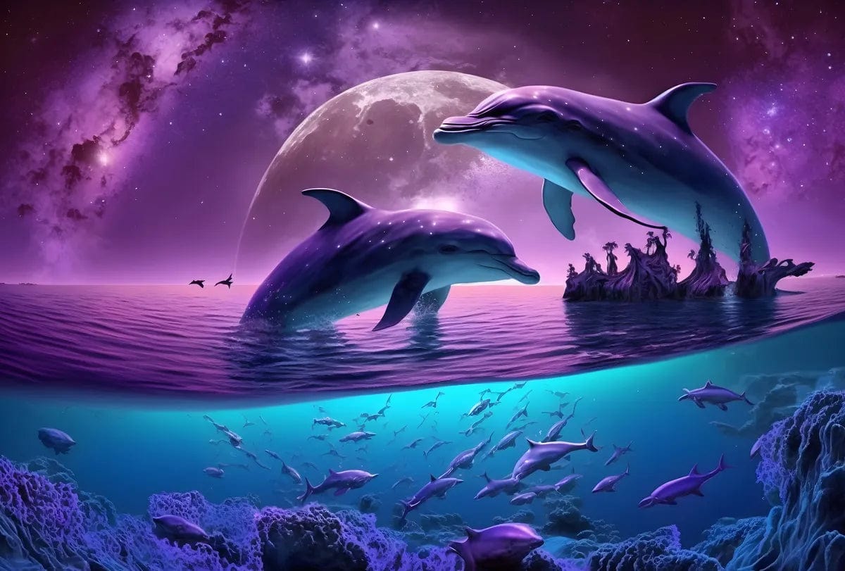 Tapet textil pentru camera copilului "Dolphins in the night" -  1,5 X 2,2 m