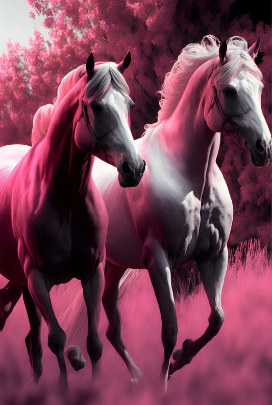Tapet textil pentru camera copilului "Horses in pink forest" -  1,5 X 2,2 m