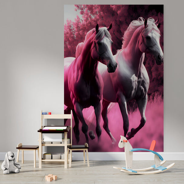 Tapet textil pentru camera copilului "Horses in pink forest" -  1,5 X 2,2 m