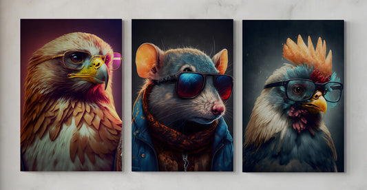 Set 3 Tablouri canvas - Animale cu ochelari