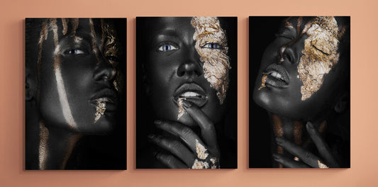 Set 3 Tablouri canvas -  Trio femeia cu machiaj auriu