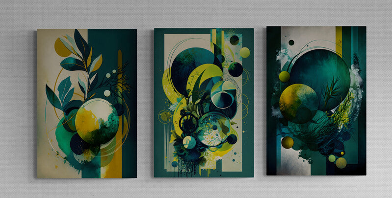 Set 3 Tablouri canvas - Abstract verde-galben