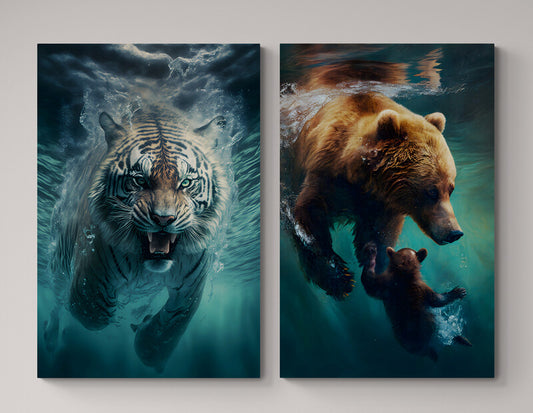 Set 3 Tablouri canvas - Tigrul si ursul in apa