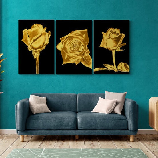 Set 3 Tablouri canvas - Trandafir gold
