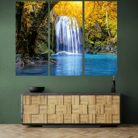 Set 3 Tablouri canvas tip puzzle - Cascada intre dealuri - Cameradevis.ro