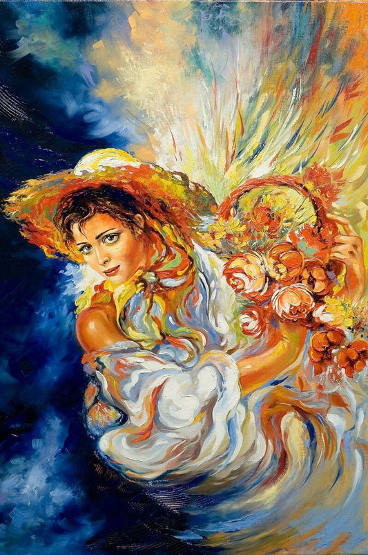 Tablou pe sticla in relief -  Femeia cu un buchet de flori in brate